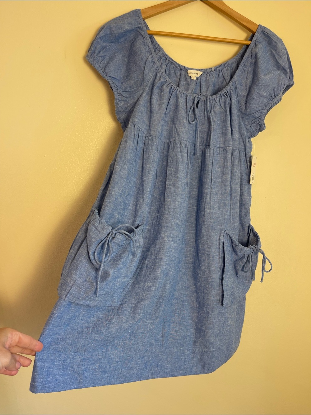 Lucky Brand Blue Casual Mini Dress Hemp Cotton Coastal Puff Sleeves Summer L NWT - Picture 12 of 14
